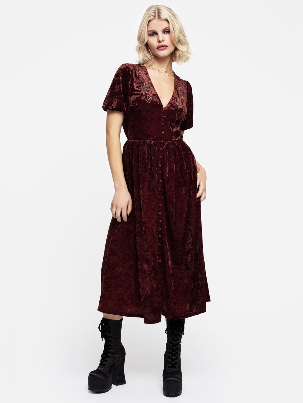 Disturbia Essence Crushed Velour Button Up Midi Dress 4 Red Crystal Embroidered